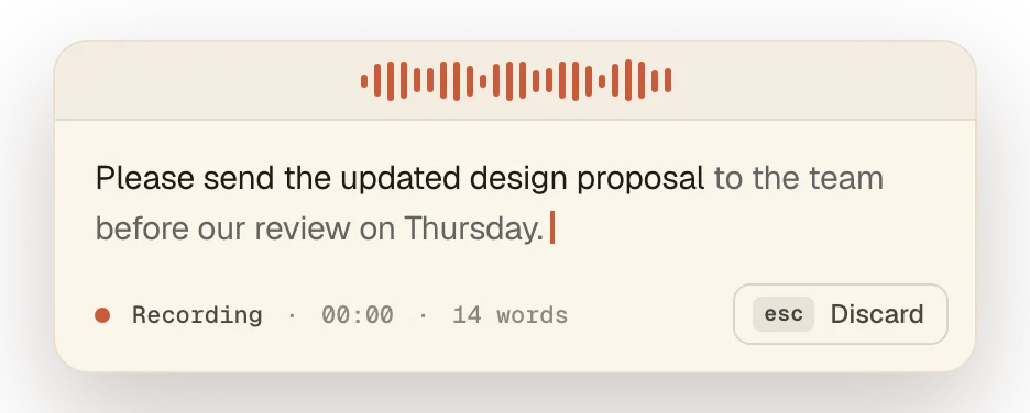 The dictation window showing a level meter, live words, a timer, and a word count