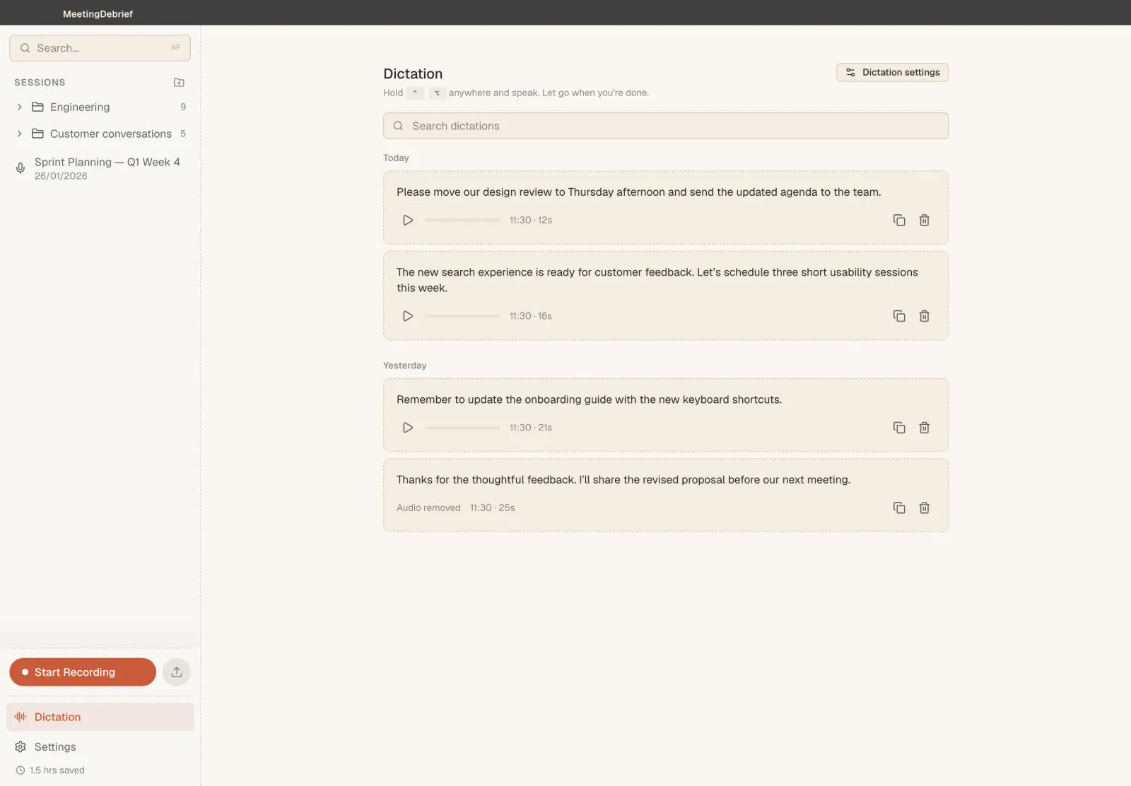 MeetingDebrief dictation history with recent dictations grouped by day