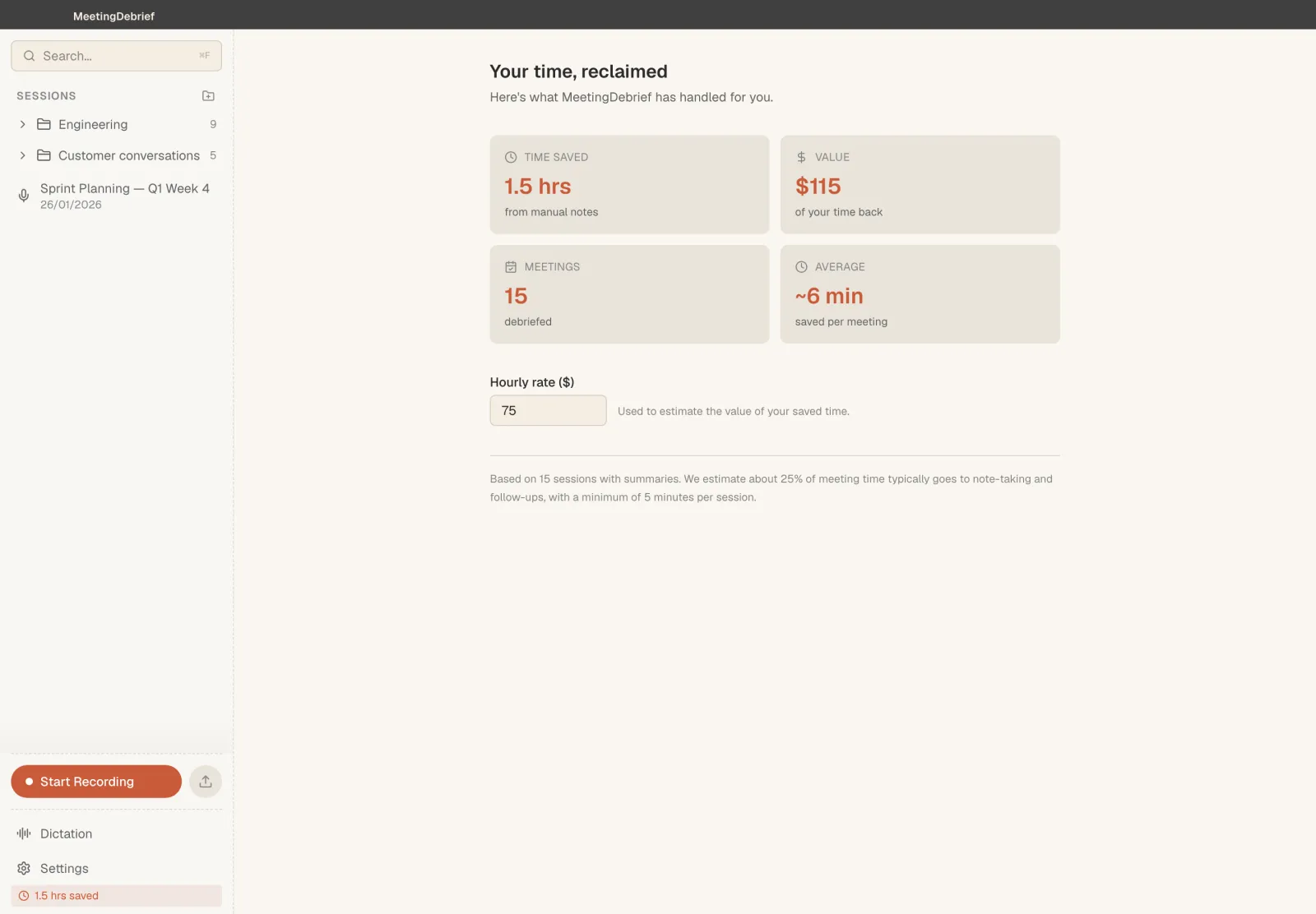 Insights dashboard showing time saved and meetings over time