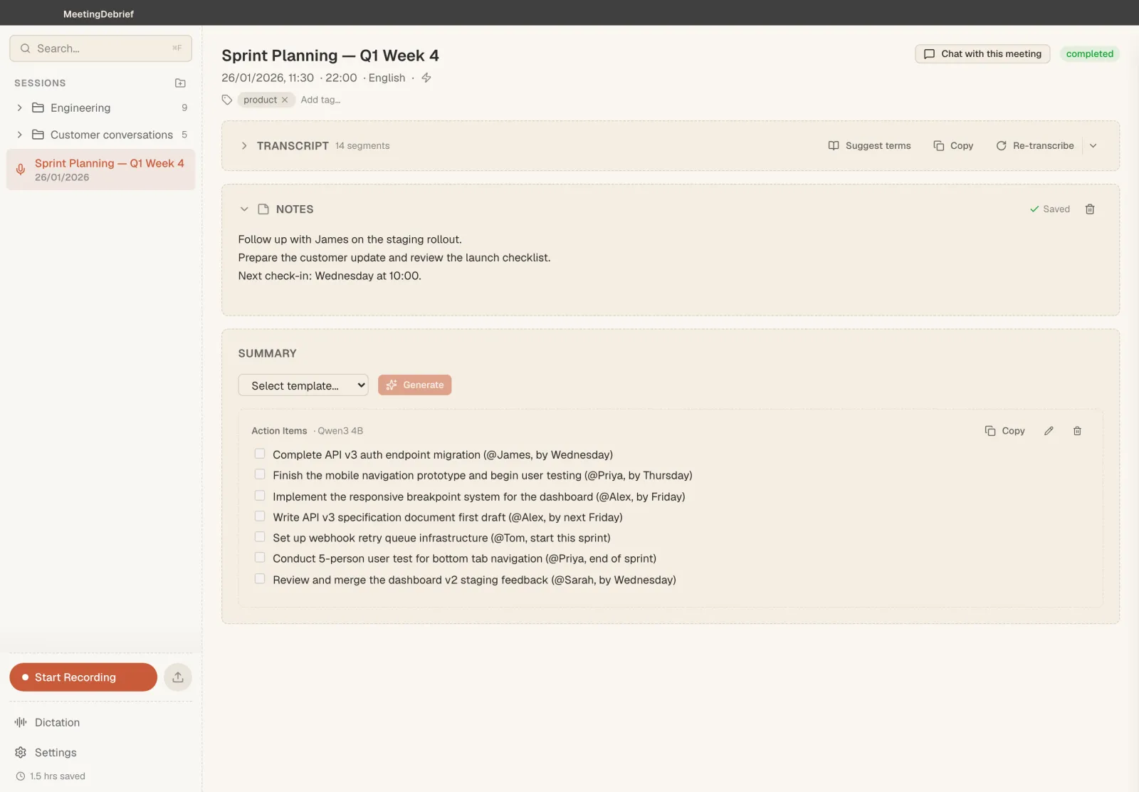 Meeting page with notes, transcript, and summary sections