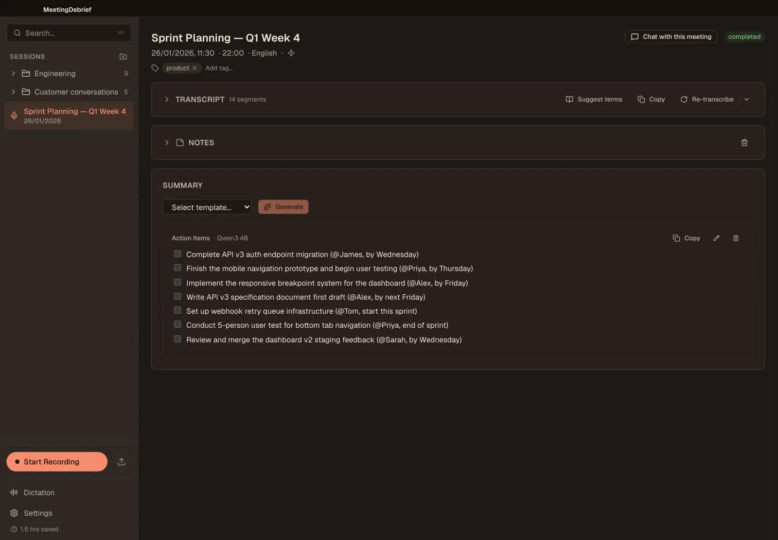 MeetingDebrief in dark mode showing a meeting summary