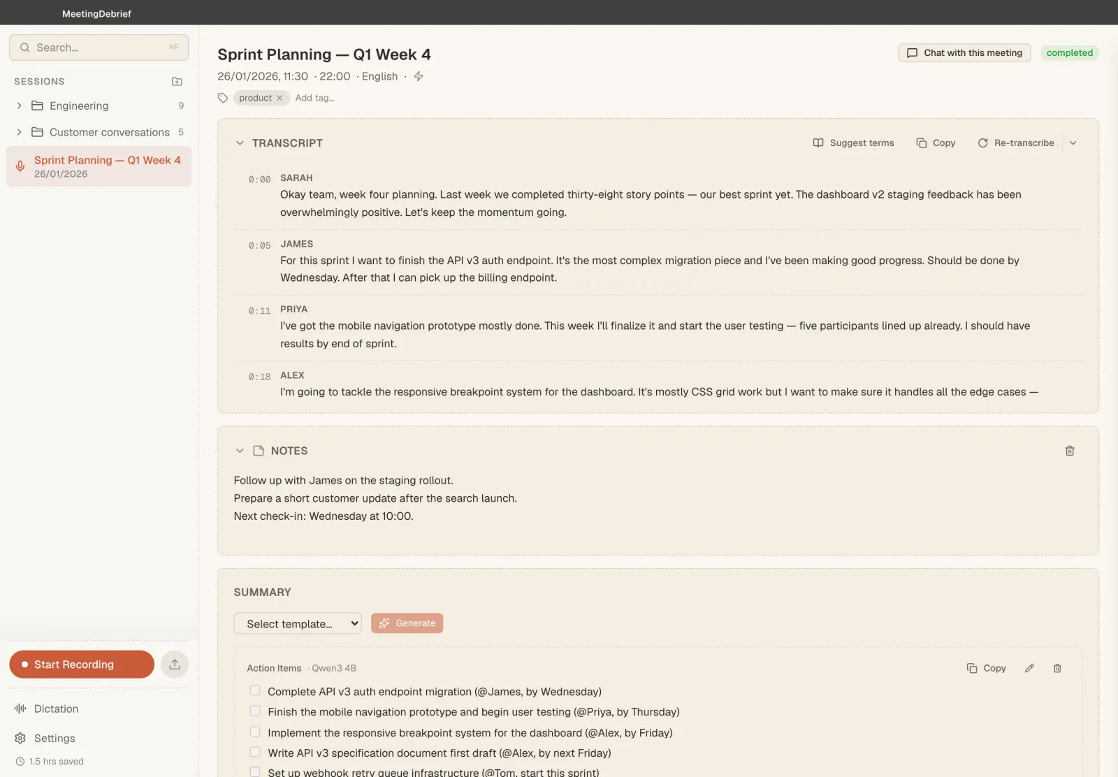 Transcript view with timestamps and speaker labels