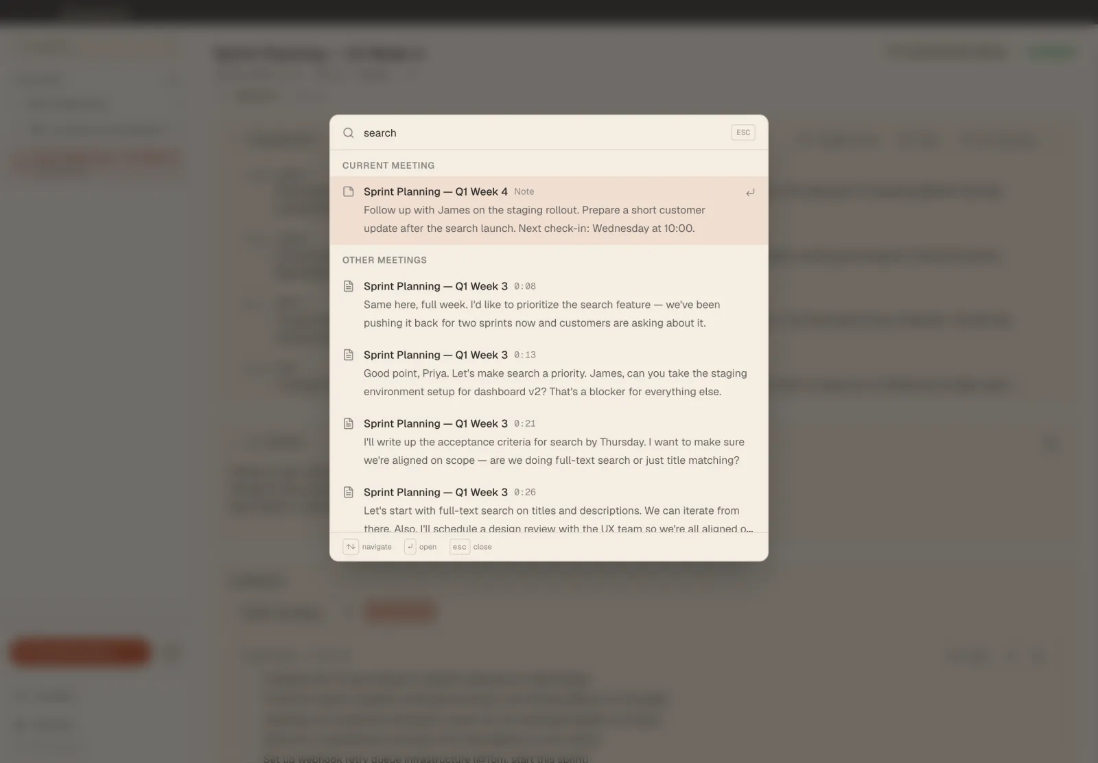 Global search results grouped by meeting and dictation