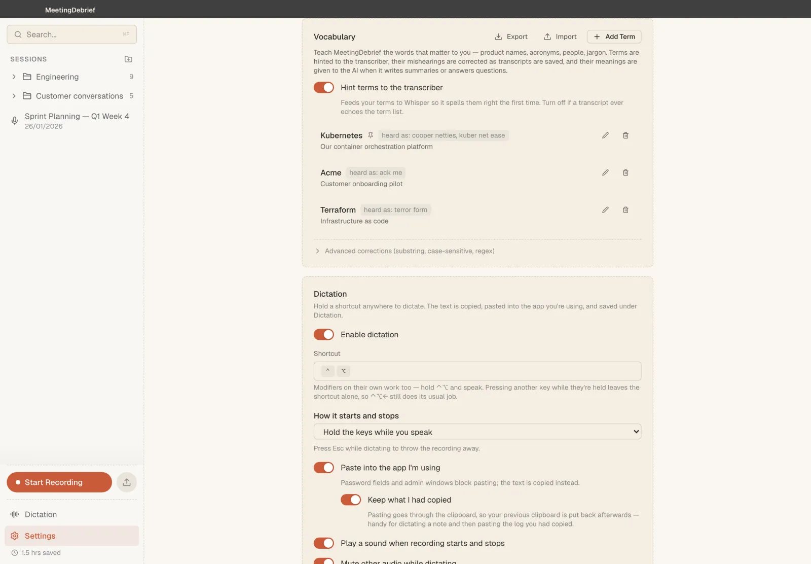 Vocabulary settings with product names and their aliases