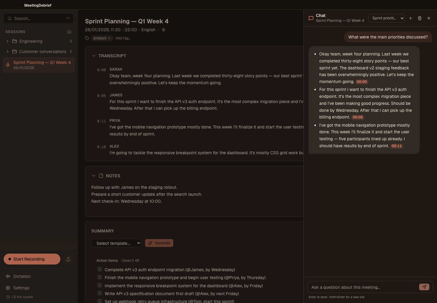 Chat with cited transcript excerpts: Ask questions about a meeting and follow citations back to the transcript. (dark theme)
