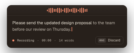 Dictation recording: Follow your words as they appear in the floating dictation window. (dark theme)