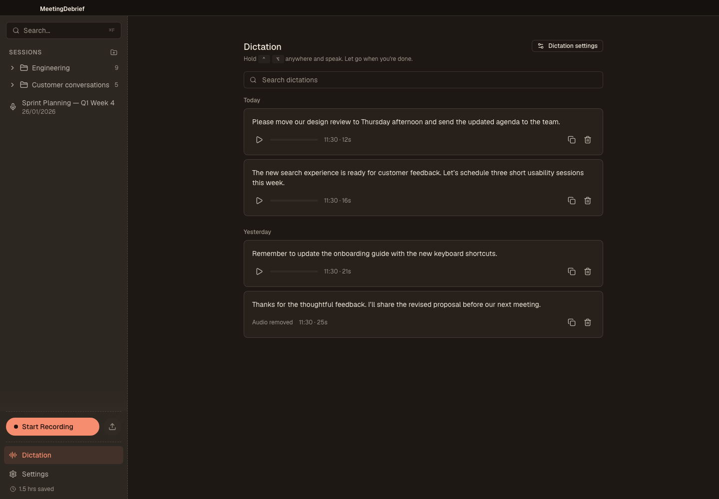 Dictation populated: Browse saved dictations grouped by day, with playback and copy controls. (dark theme)