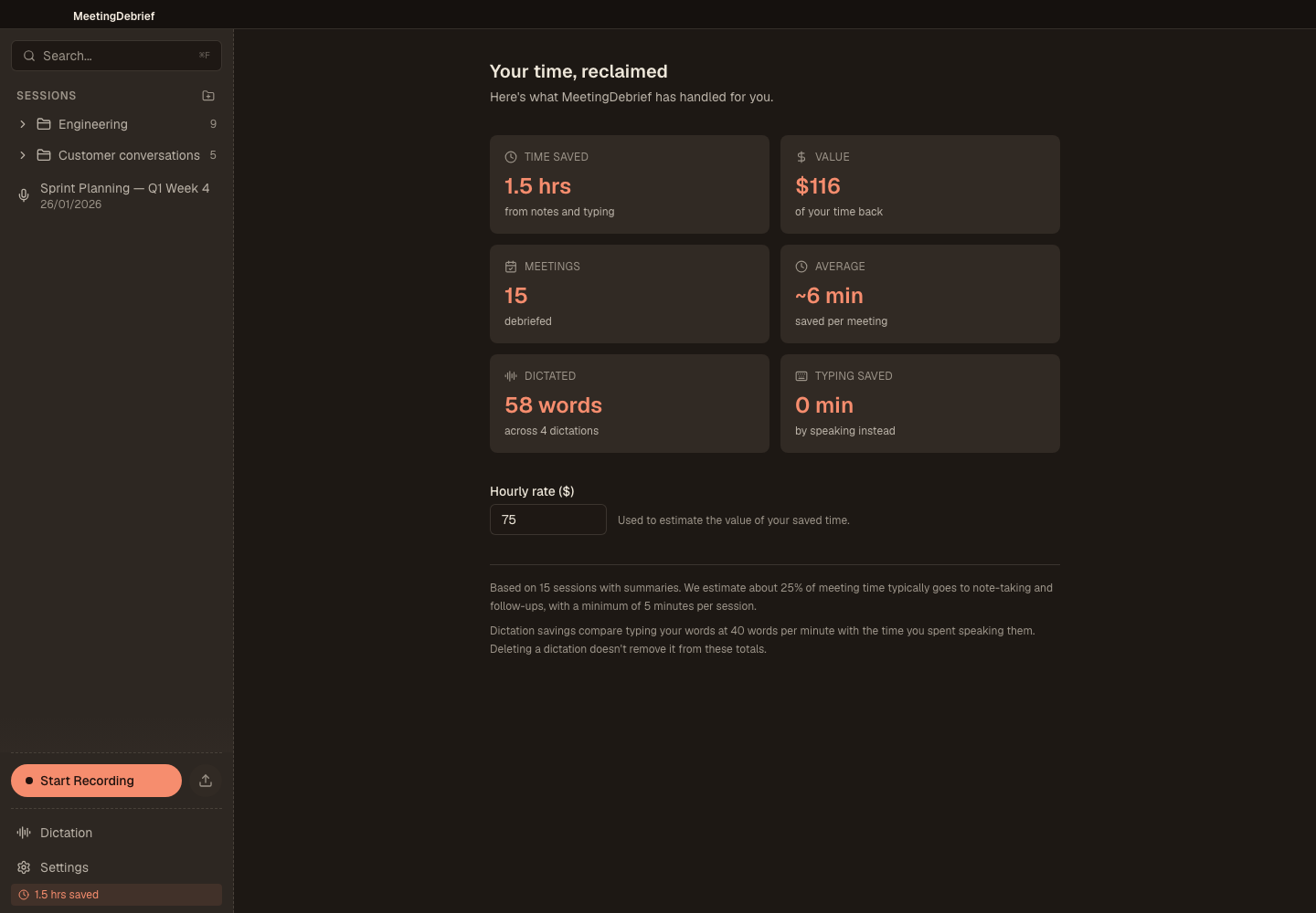 Meeting time and savings: Review meeting activity and estimated time savings from transcription and dictation. (dark theme)