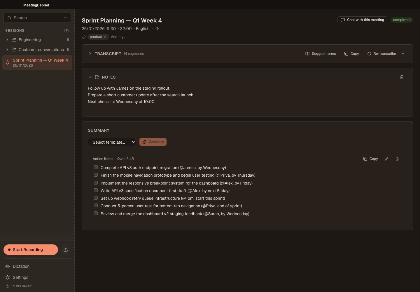Meeting overview: Keep a meeting’s transcript, personal notes, and summary together in one place. (dark theme)
