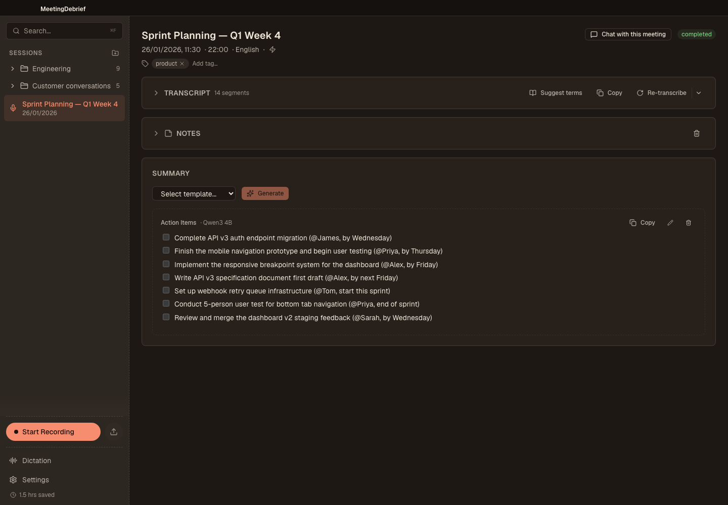 Summary and action items: Review the main discussion points, decisions, and action items in a formatted summary. (dark theme)