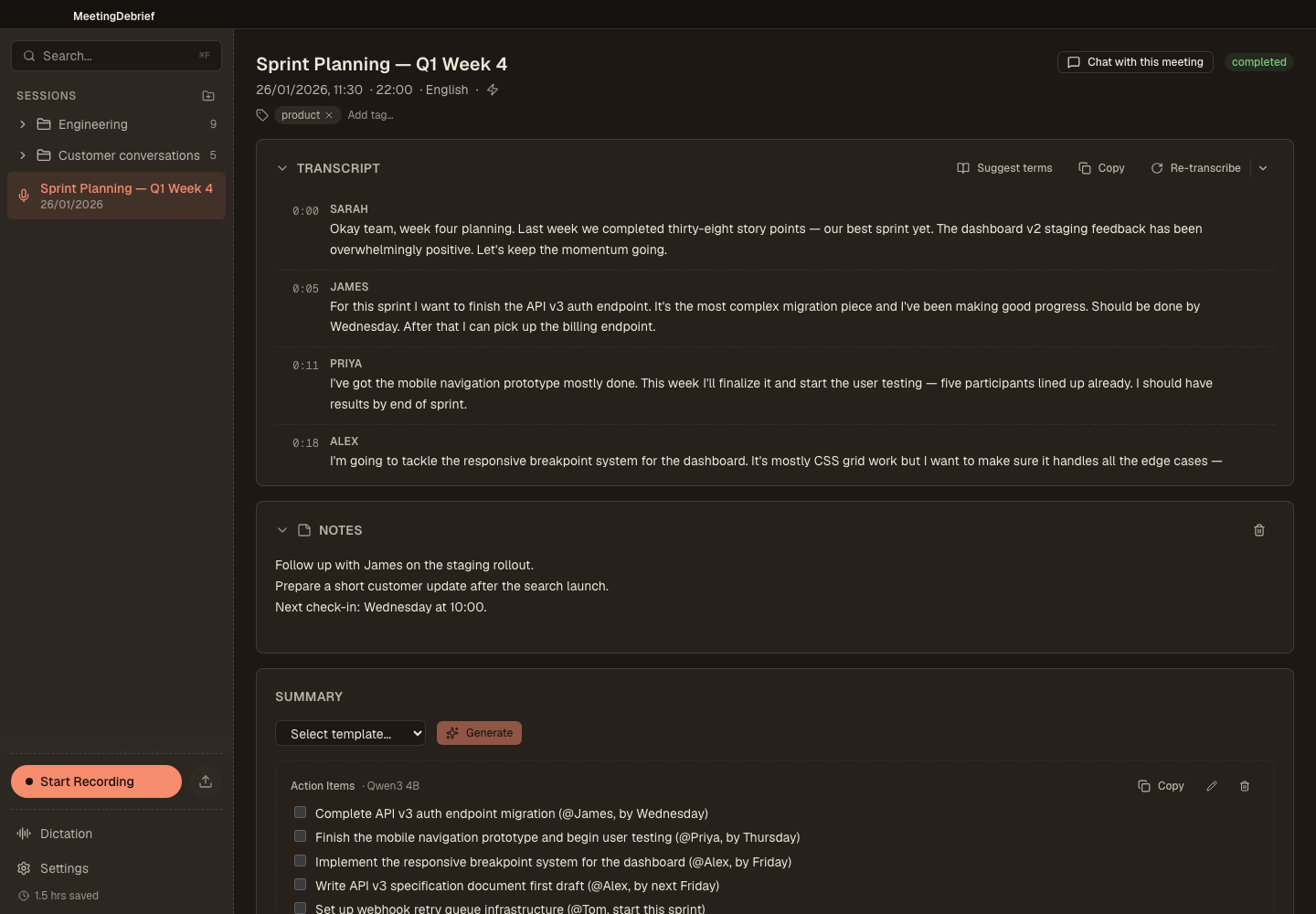 Speaker-labelled transcript: Review a timestamped transcript with speaker labels and controls for correcting individual lines. (dark theme)