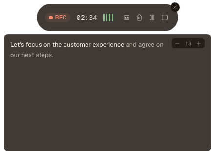 recorder captions: Follow live meeting captions below the floating recording controls. (dark theme)