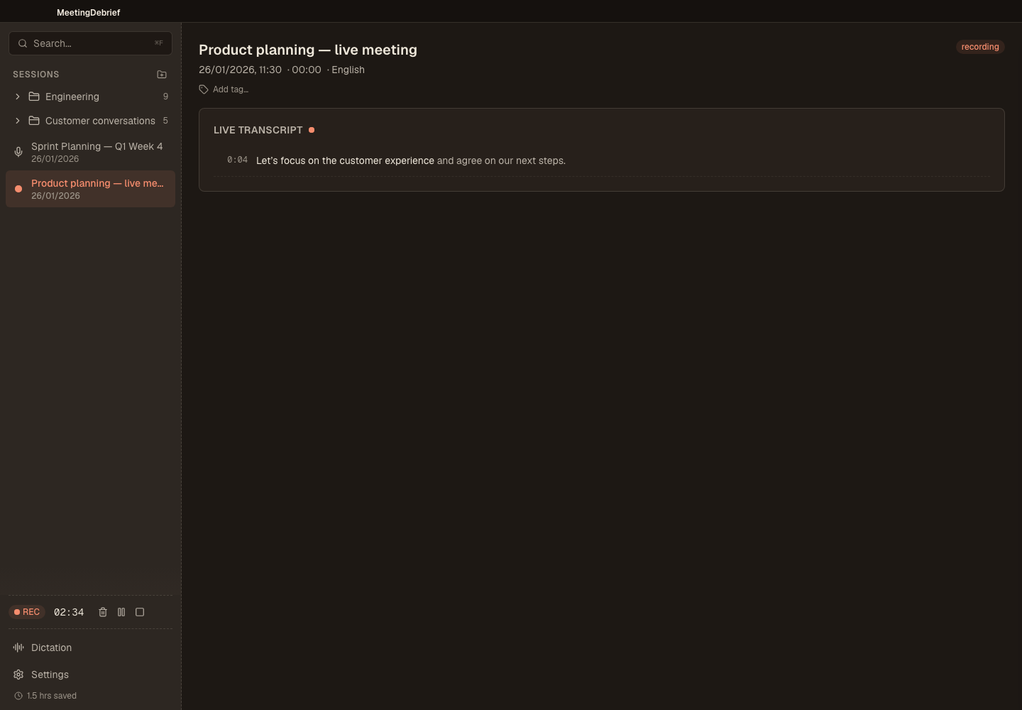 Recording with live captions: Watch live captions arrive while a meeting is being recorded. (dark theme)