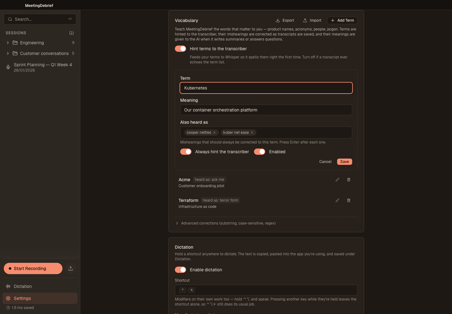 Vocabulary meaning and aliases: Define a term’s meaning and the alternate spellings that should resolve to it. (dark theme)