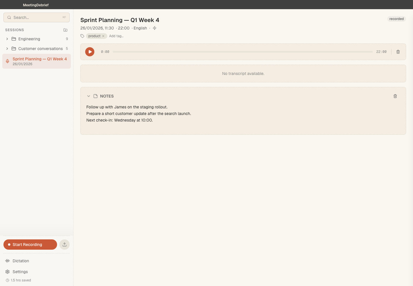 Imported audio ready to transcribe: Review an imported audio file before starting transcription. (light theme)
