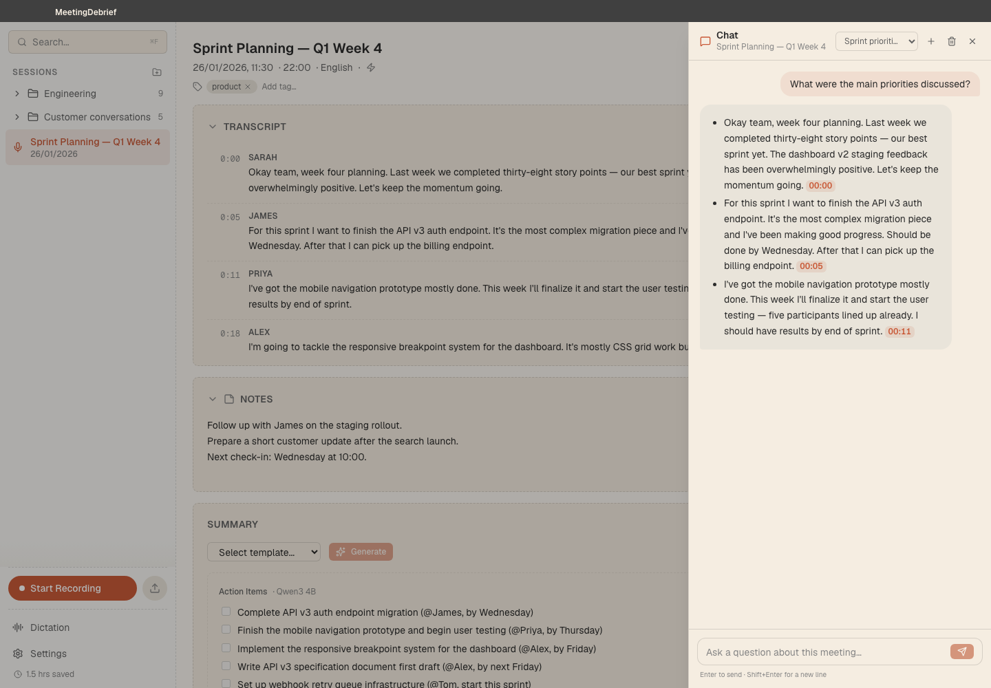 Chat with cited transcript excerpts: Ask questions about a meeting and follow citations back to the transcript. (light theme)