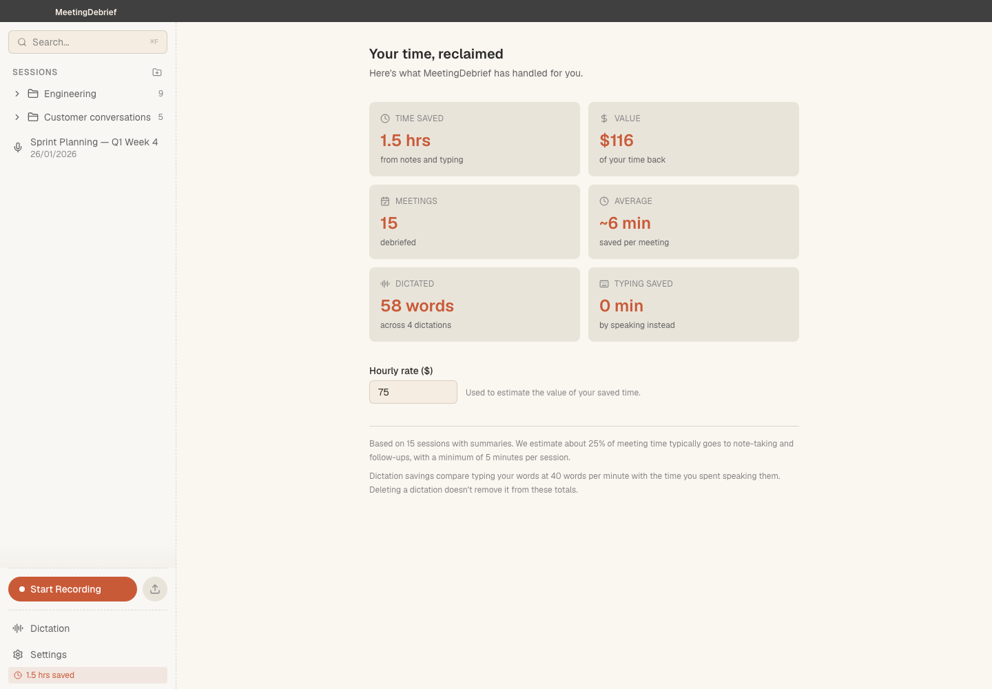 Meeting time and savings: Review meeting activity and estimated time savings from transcription and dictation. (light theme)