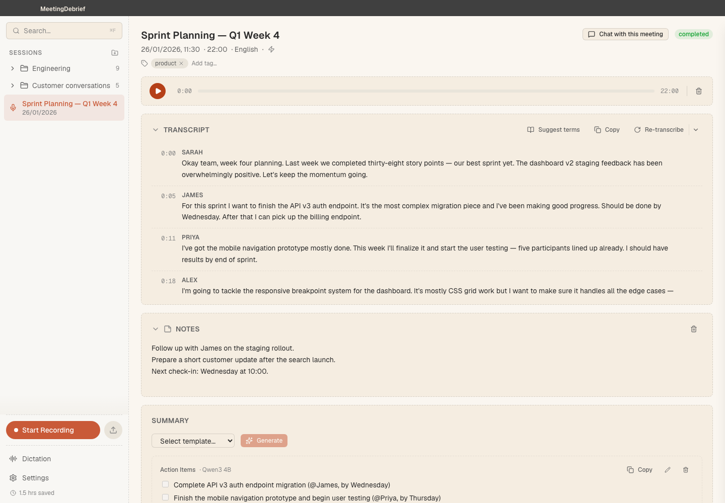 Play back a meeting recording: Listen to a saved recording and follow its position in the transcript. (light theme)