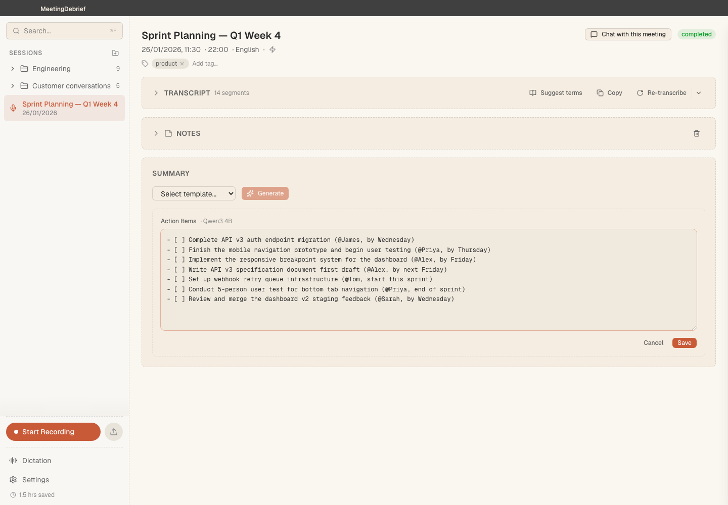 Edit a summary: Refine a generated summary before sharing it with your team. (light theme)