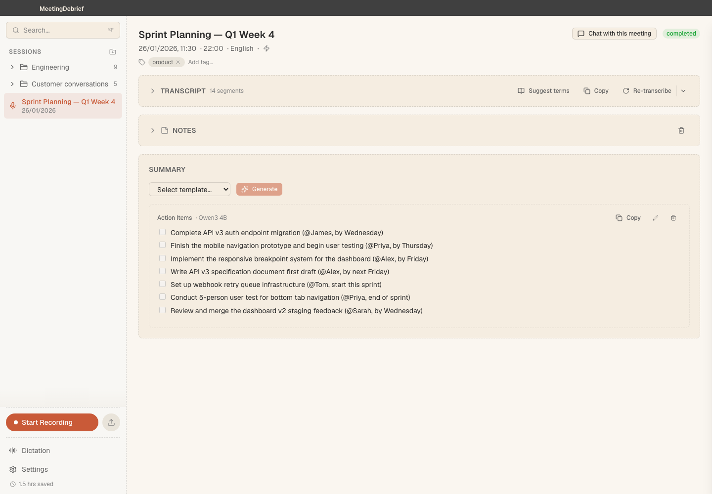 Summary and action items: Review the main discussion points, decisions, and action items in a formatted summary. (light theme)