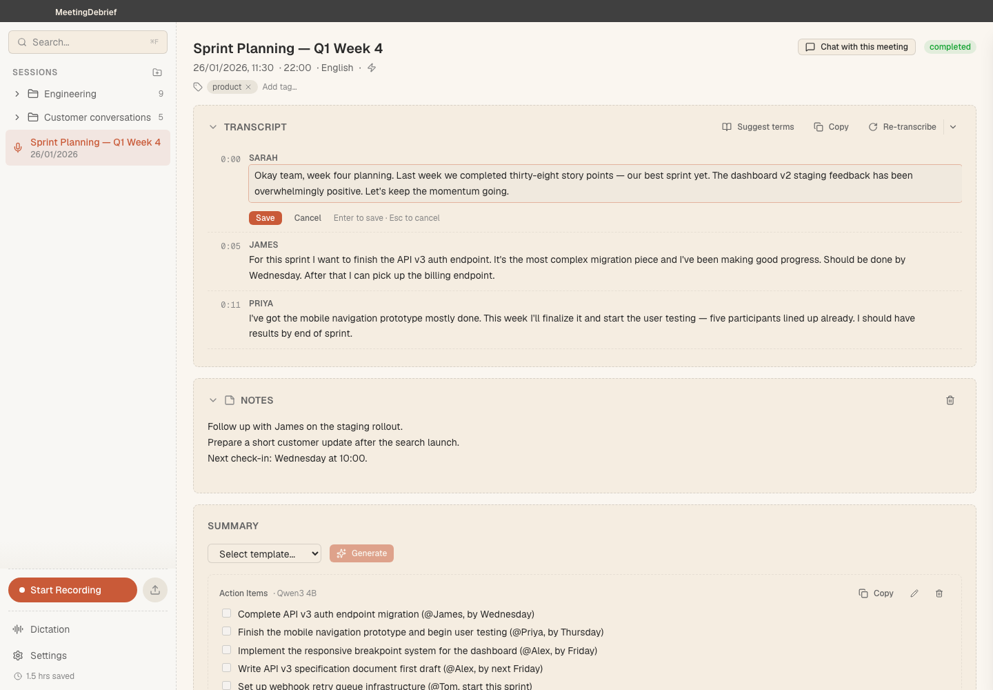 Correct a transcript line: Correct a transcript line directly while keeping its speaker label and timestamp. (light theme)
