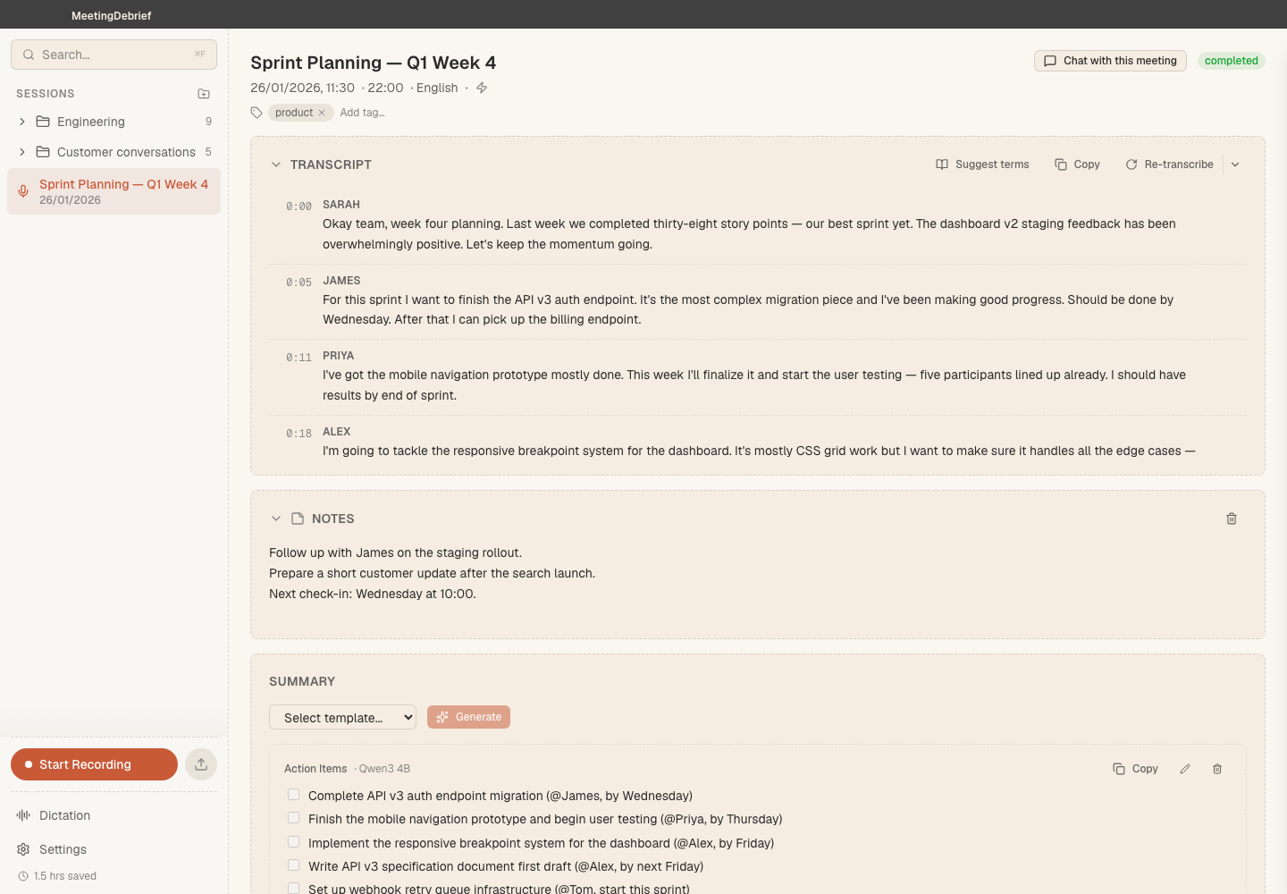 Speaker-labelled transcript: Review a timestamped transcript with speaker labels and controls for correcting individual lines. (light theme)