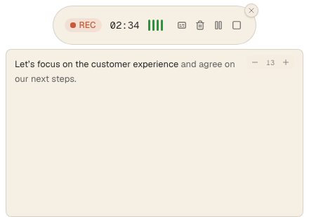 recorder captions: Follow live meeting captions below the floating recording controls. (light theme)