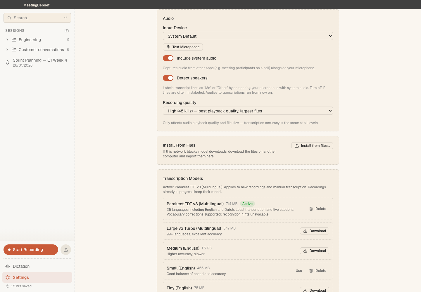 Settings · audio: Choose a microphone, configure system audio capture, and set recording quality. (light theme)