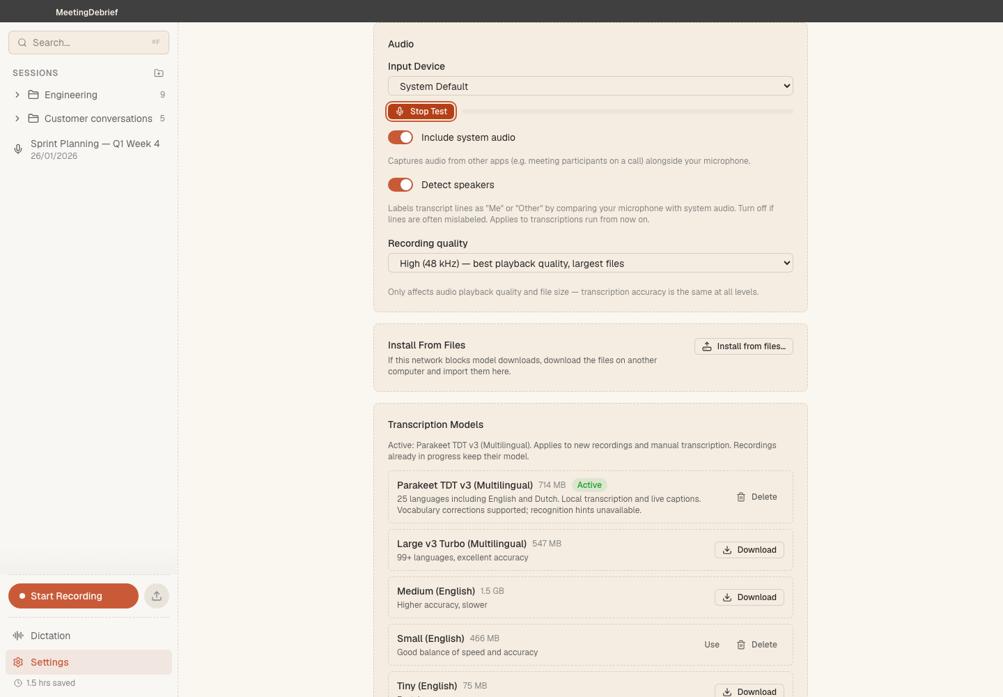 Microphone level test: Test the selected microphone and check its input level before recording. (light theme)