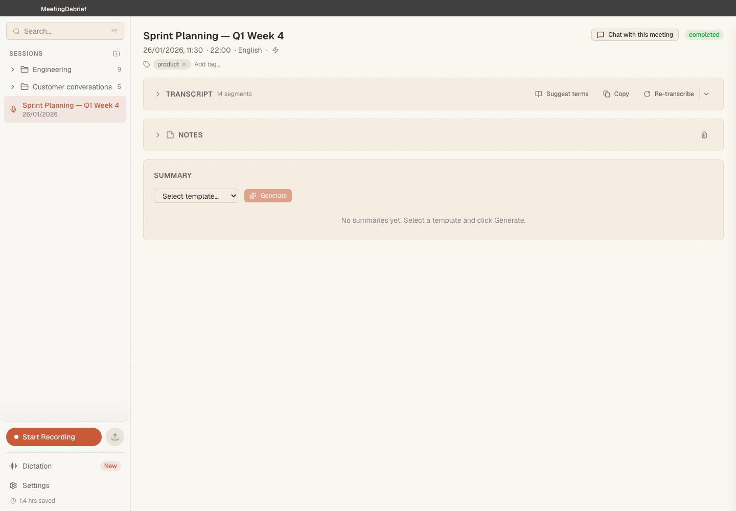 Choose a summary template: Choose a template to turn a transcript into the kind of summary you need. (light theme)
