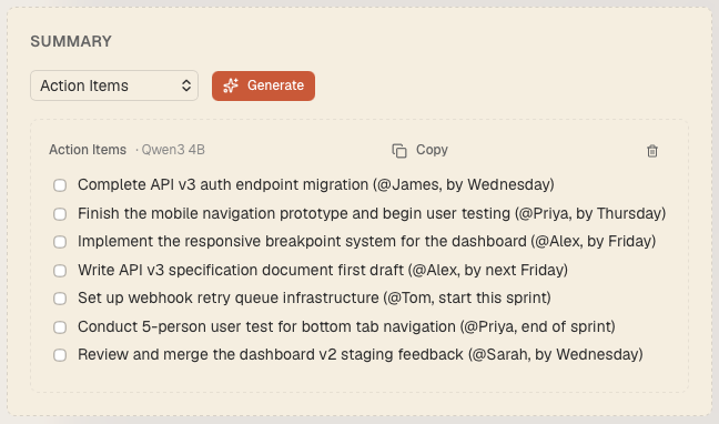 Meeting summary with action items