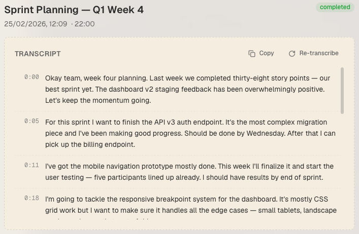 Transcript view with key moments highlighted