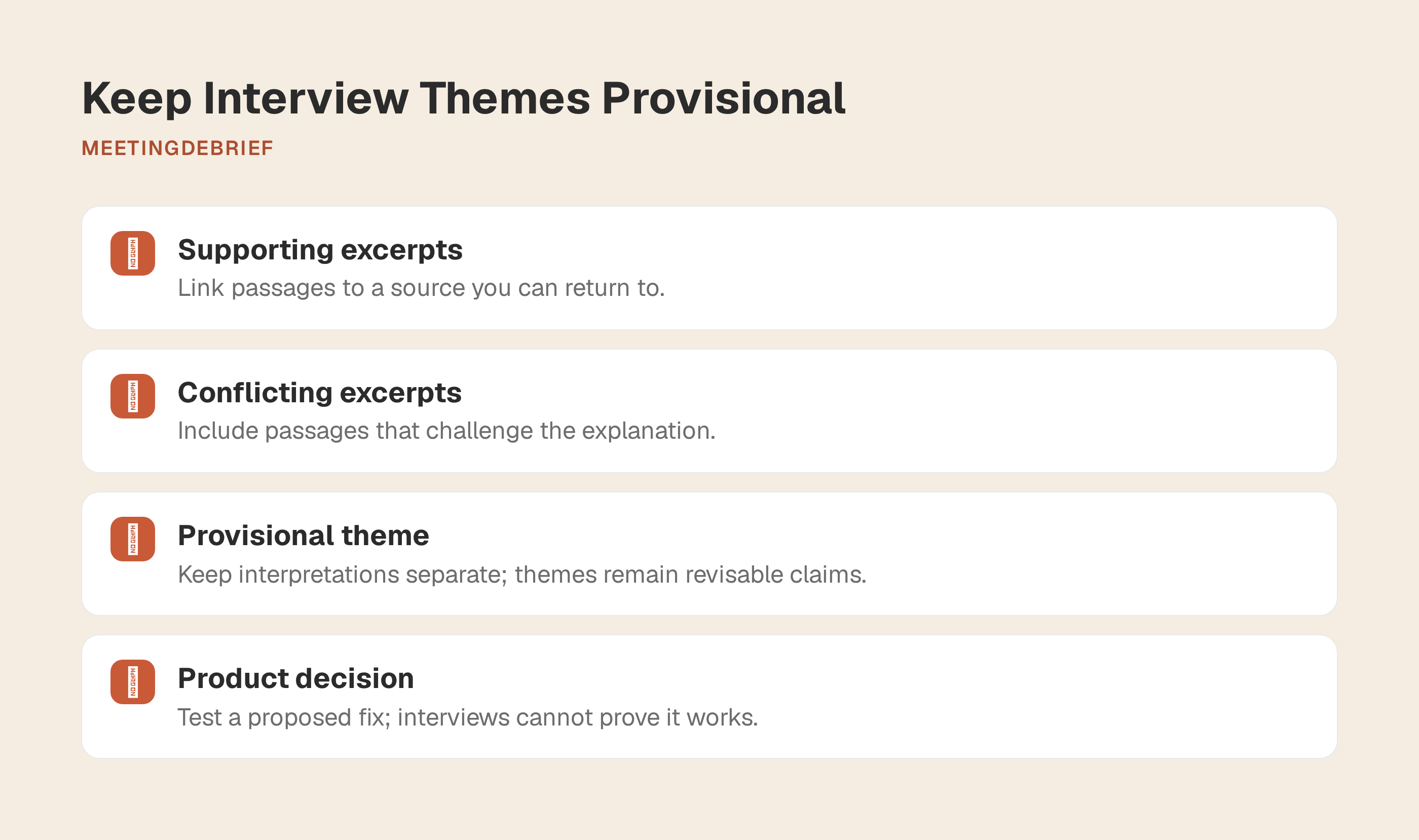 An evidence matrix with rows for supporting and conflicting excerpts, a provisional theme and a proposed product decision.