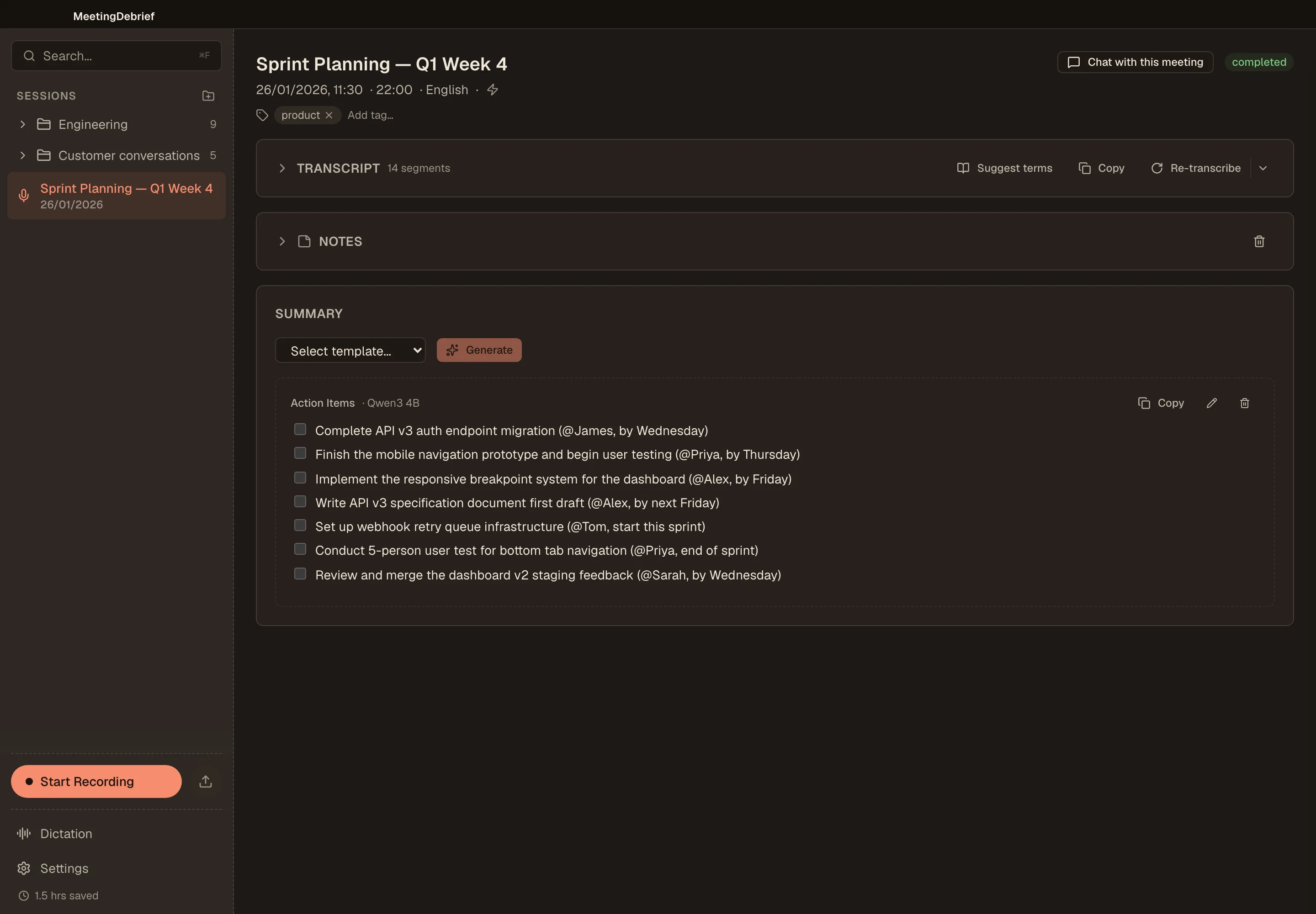 MeetingDebrief download page with the free trial call to action.